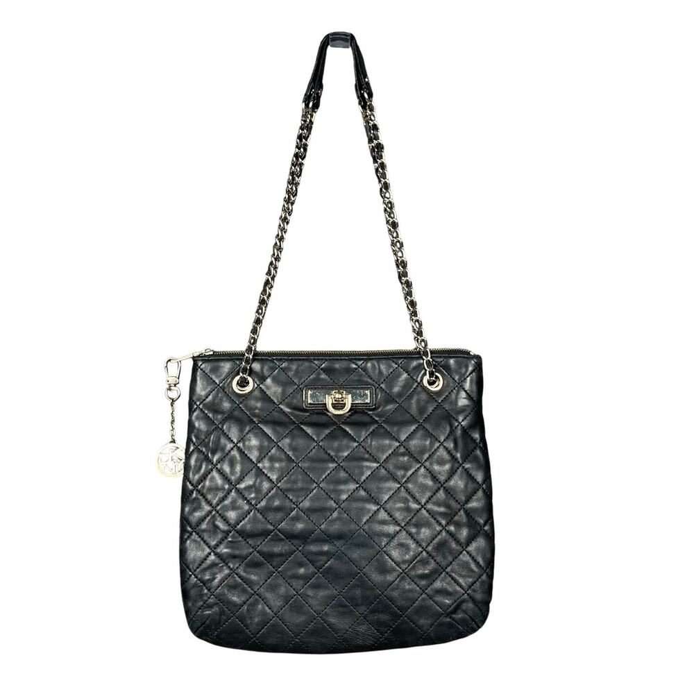 DKNY Black Quilted Leather Gold Chain Shoulder Bag Tote Purse